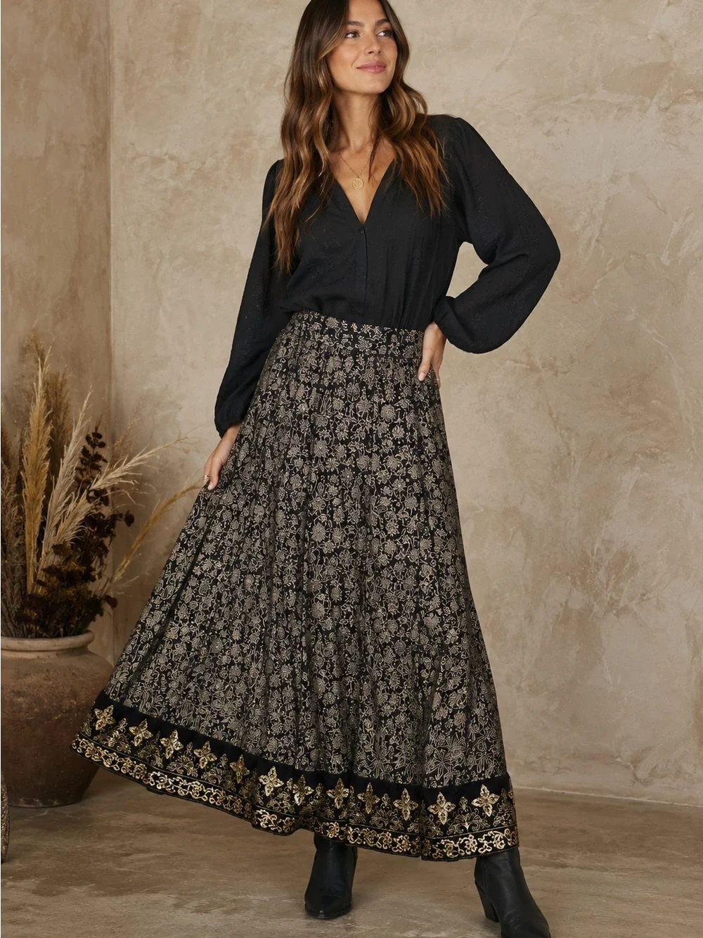 Soft Surroundings Petite Large Maxi Skirt Black Gold Velvet Sequin Boho Luxe - Picture 1 of 12